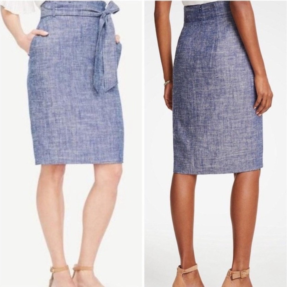 NWT Ann Taylor Linen Blend Pencil Skirt 8 Blue Tie Belt